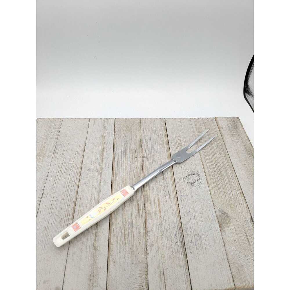 USA Stainless Steel Meat Fork 2 Prong 12 1/2" Pink Flowers Handle Vintage